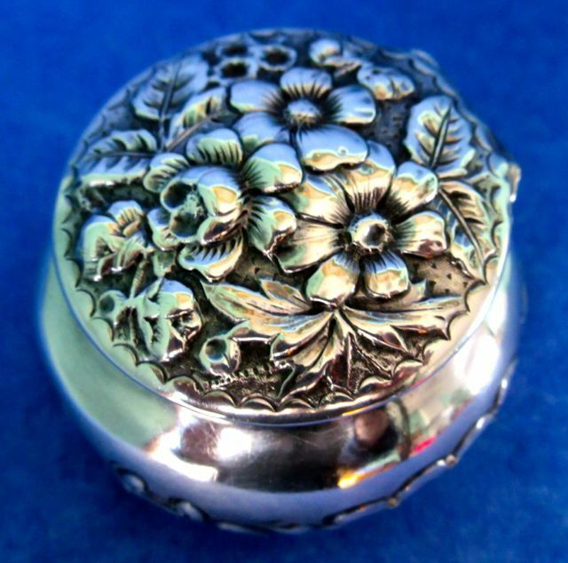 Trinket Box Antique Sterling Silver Floral Repousse Hallmarked ca. 1840-50s