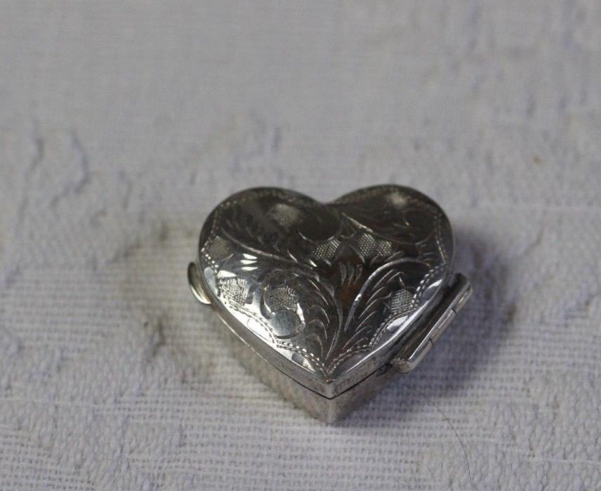 Vintage Sterling Silver Engraved Heart Shape Hinged Lid Pill Box