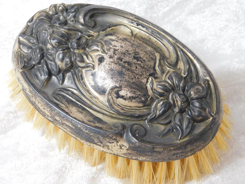 ATQ VICTORIAN REPOUSSE FLOWER STERLING SILVER HAIR BRUSH