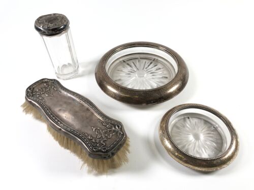 Antique Victorian Sterling Silver Clothes Brush, Vanity Jar and Coaster Sets