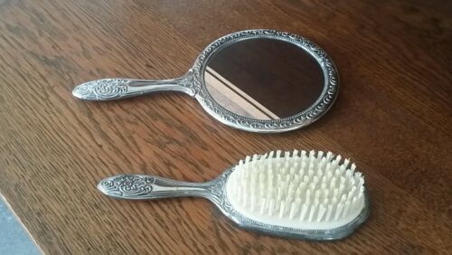 Vintage 2 Pc Silverplate Vanity Set - Mirror, Brush