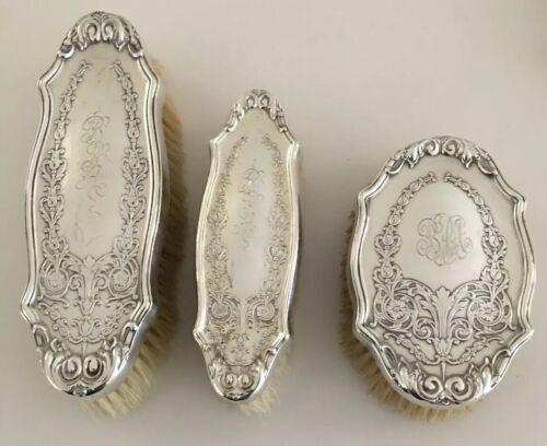 Antique Victorian Sterling Silver Clothes Brush SET of 3 Art Nouveau Ornate Mono