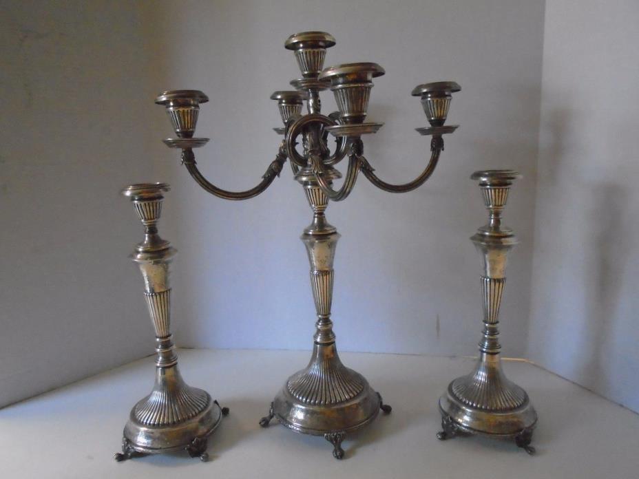 Portuguese Silver 5 Tier Candelabra plus 2 Candlesticks Sterling Acorn Footed