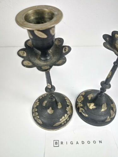 Antique Black and Sterling Silver Candle Holder Pair - India