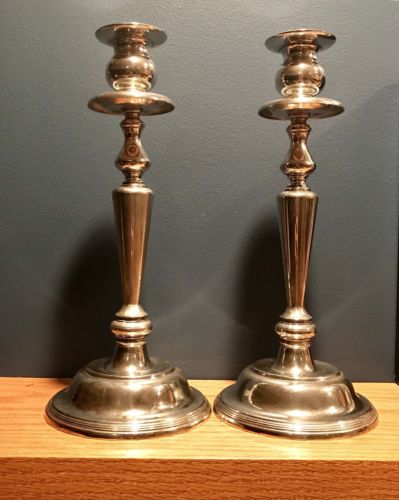 A Pair of Silver Candlesticks 12” Tall 5” Base Detailed Design Heavy Spooky Deco