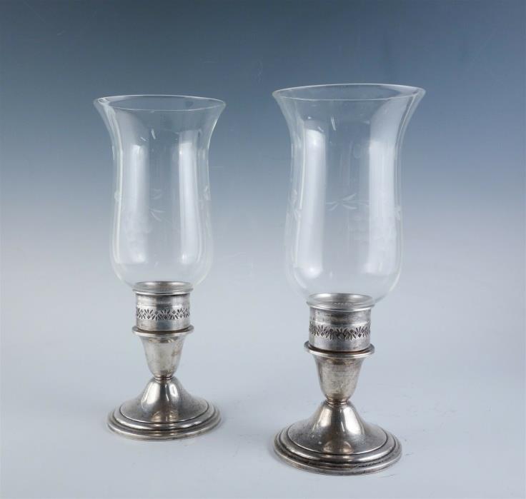 Vintage Pair Sterling Silver Etched Crystal Hurricane Candle Holders No Mono