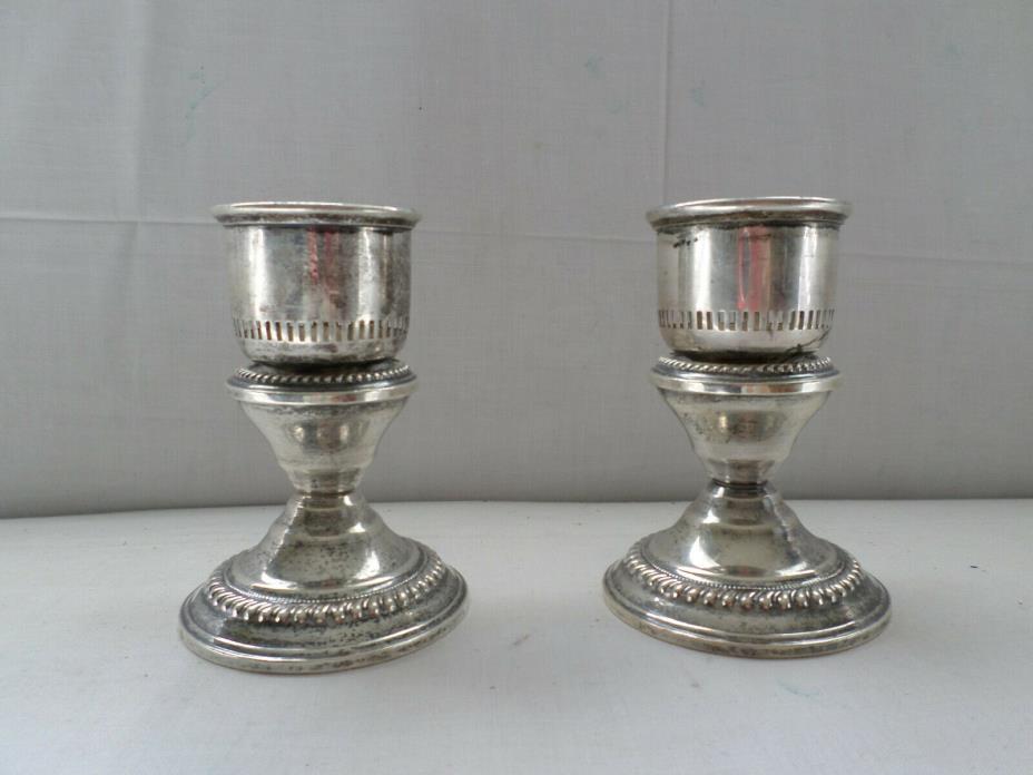 STERLING SILVER PAIR OF CANDLESTICKS WITH STERLING HURRICANE SHADE HOLDERS