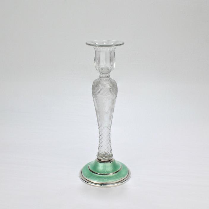 Antique American Brilliant Cut-Glass & Guilloche Enamel Sterling Candlestick GL