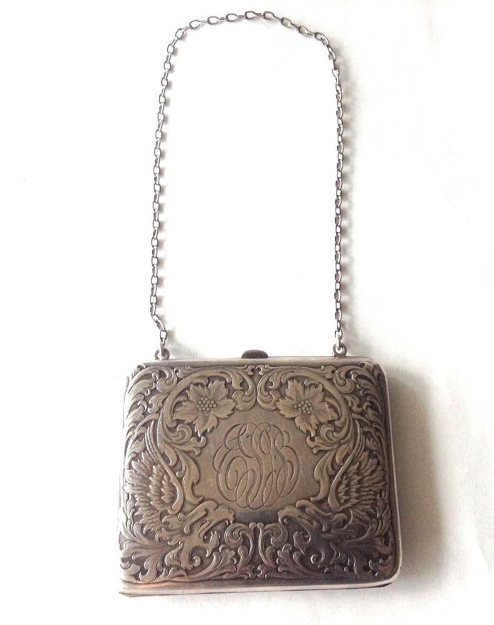 Antique R. BLACKINTON  Sterling Silver Etched Both Sides Floral Purse w/ Chain