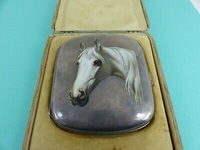 Antique 900 Solid Silver Enamelled Cigarette Case Horse, Boxed