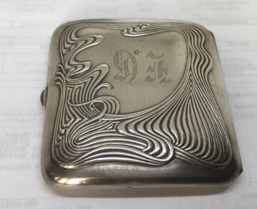 Sterling Silver Art Nouveau Cigarette Case With Jade Closure Antique Estate