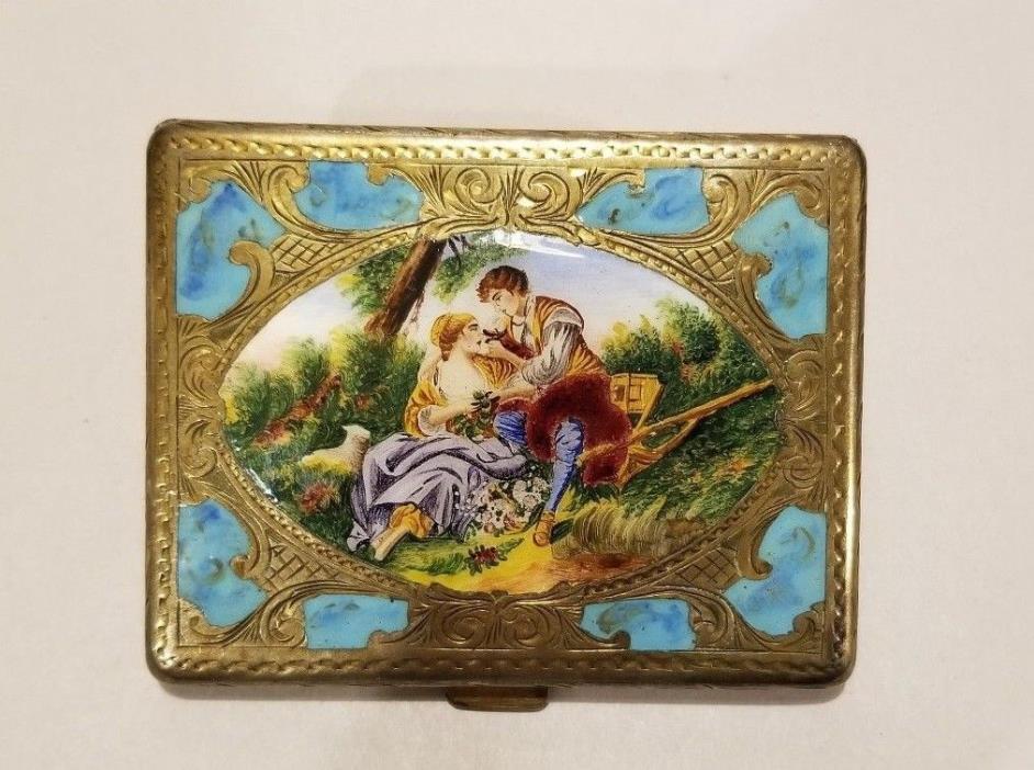 Vintage 800 Silver Turquoise & Enamel Romantic Hand Painted Cigarette Case ITALY