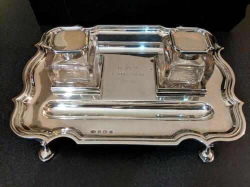 Antique Sterling Silver Double Inkwell By Elkington & Co Ltd 1929, 21.8 ozt ASW
