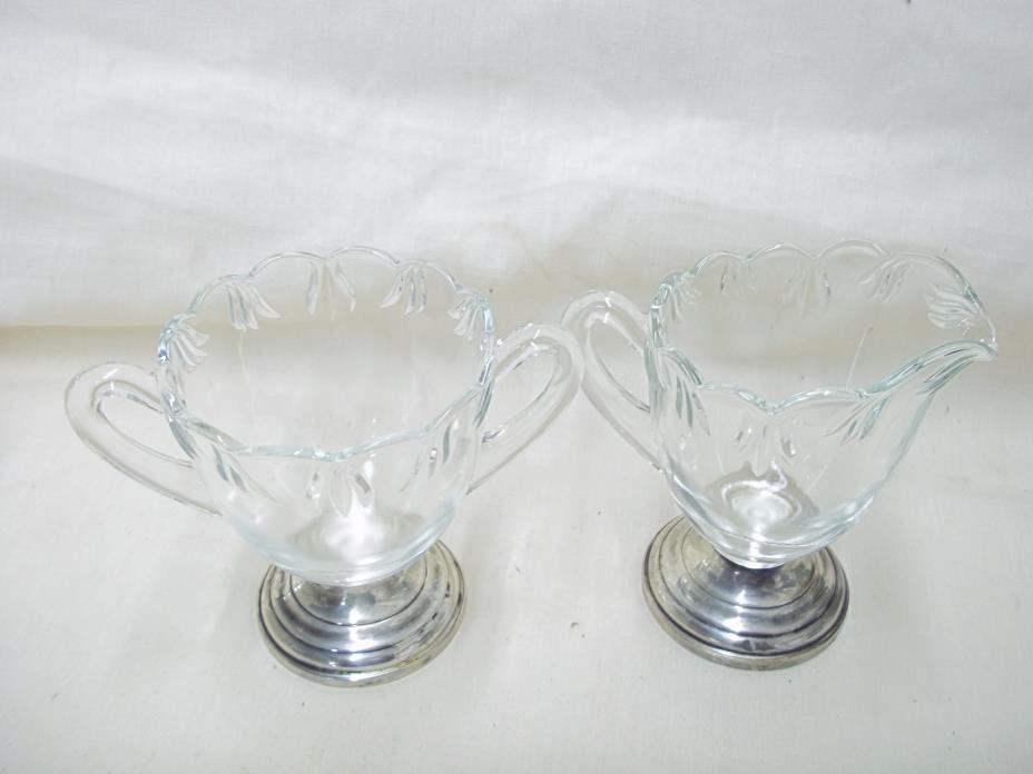 VINTAGE FINA STERLING SILVER AND CLEAR GLASS SUGAR BOWL & CREAMER SET