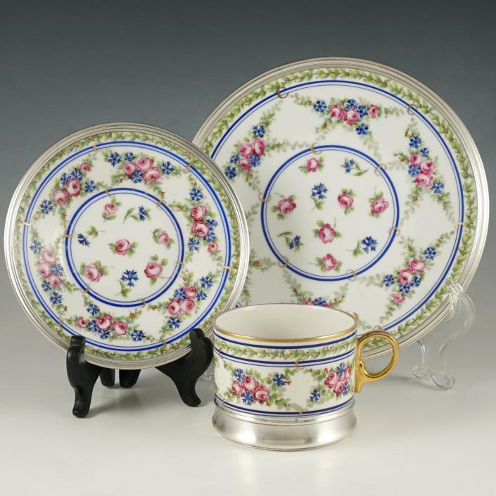 Limoges Porcelain Tetard French Sterling Silver Tea Cup & Saucer Bread Plate Set
