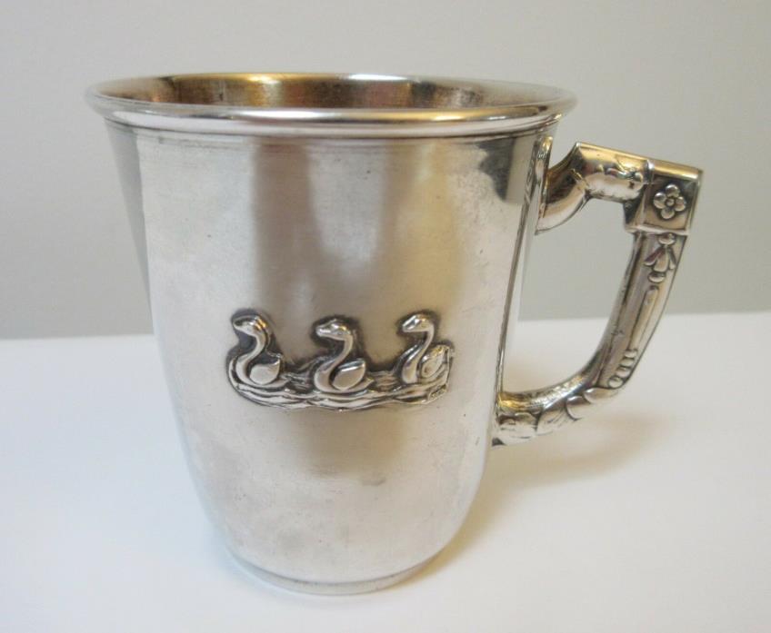 Rare Antique Sterling Silver Christening Child's Cup Embossed Swans