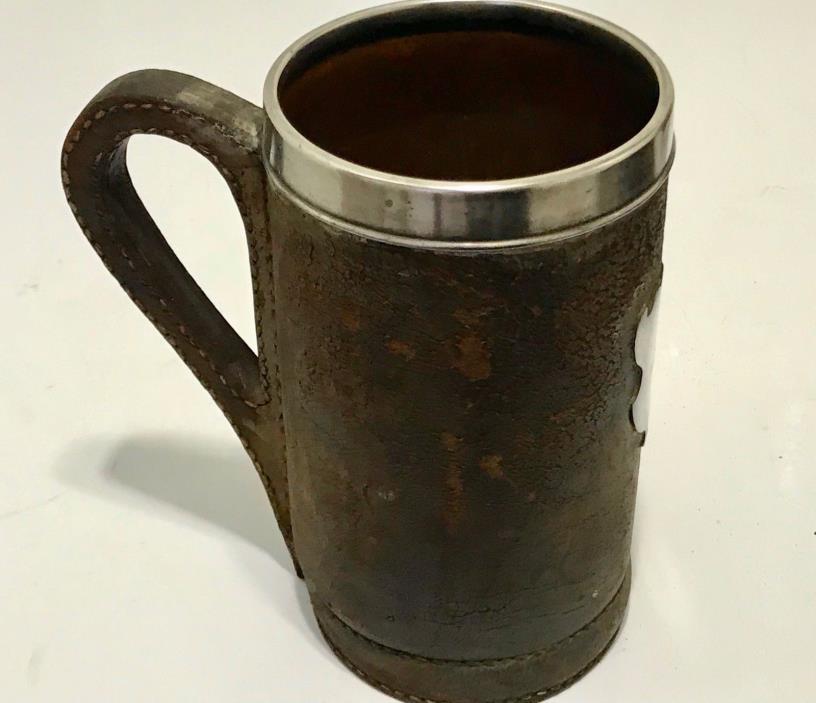 GORHAM ANTIQUE STERLING SILVER MOUNTED LEATHER TANKARD FROM 19 CENTURY. MARKED