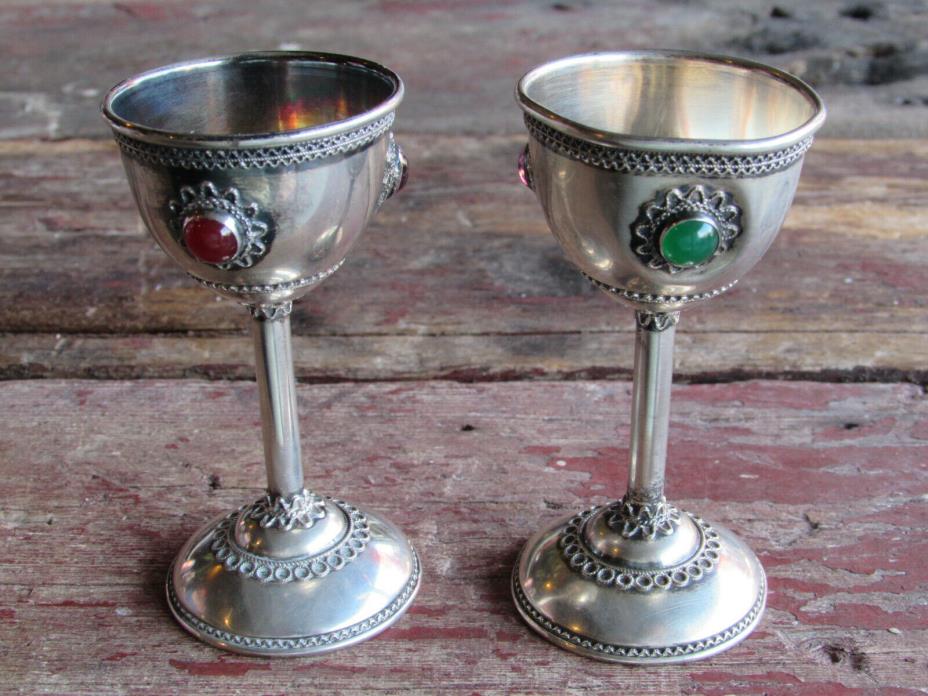 VINTAGE PAIR ZADOK ISRAELI-ISRAEL STERLING SILVER-SMALL GOBLETS-CUPS w/ STONES