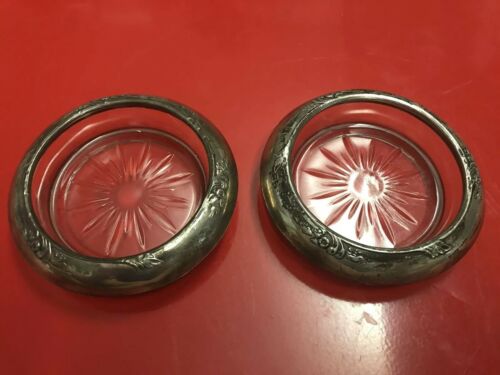 Pair Frank Whiting Sterling Silver & Cut Crystal Candle Bases /Dishes /Ashtrays