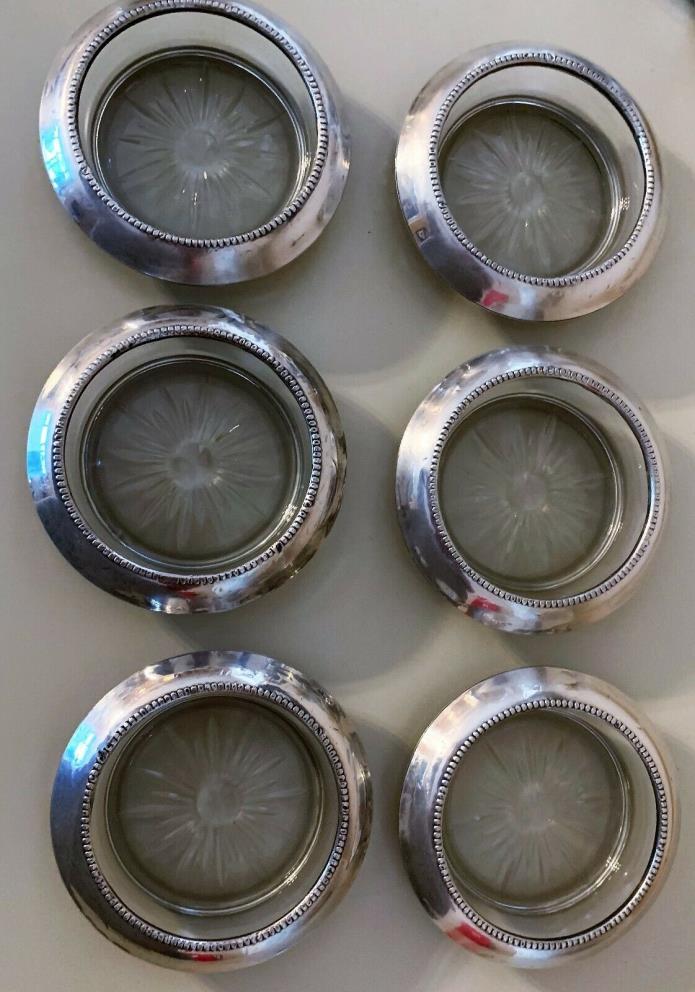 Vintage Set of 6 Frank M. Whiting & Co. Crystal Coasters w/Sterling Silver Rims