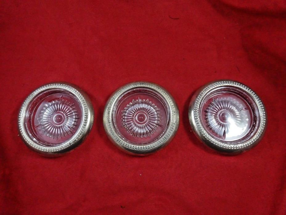 Vintage Three Beaded Sterling Silver Edged Crystal Coasters (#4535)