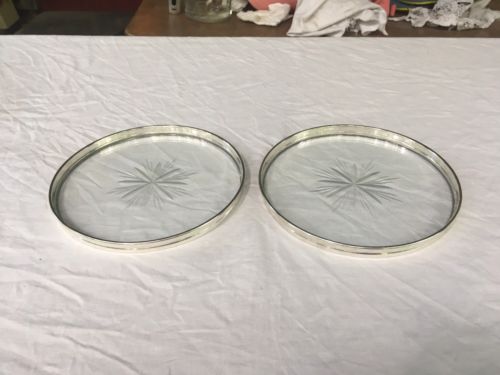 Pair Gorham Sterling and Crystal Champagne Coasters Trivets #1320 Excellent