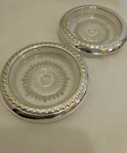 Vintage Glass Coasters with Sterling Silver Rims, stamped Sterling sTc