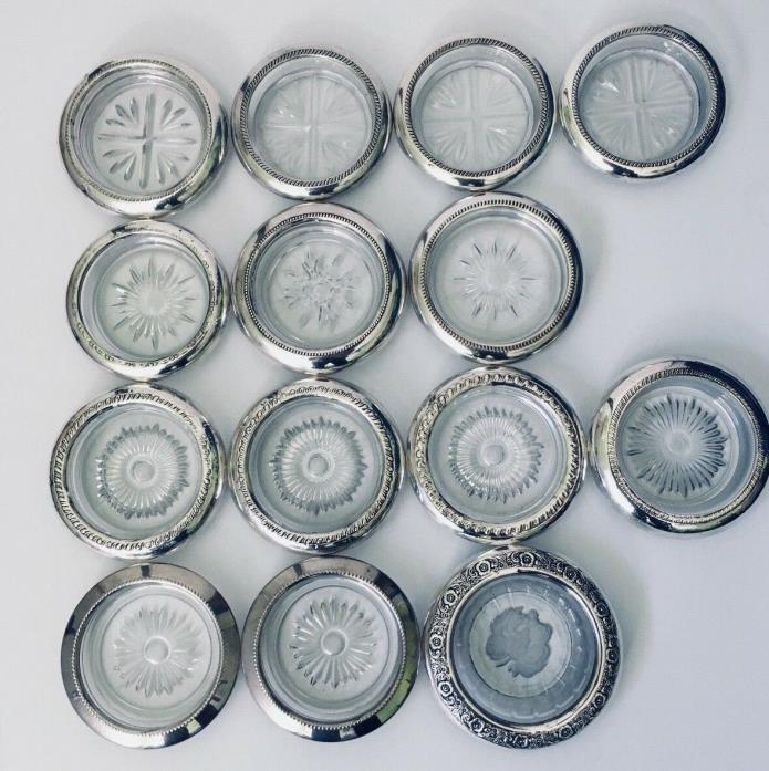 Mixed Lot 14 Vintage Glass Coasters 10 Sterling & 4 Silverplate FB Rogers Empire