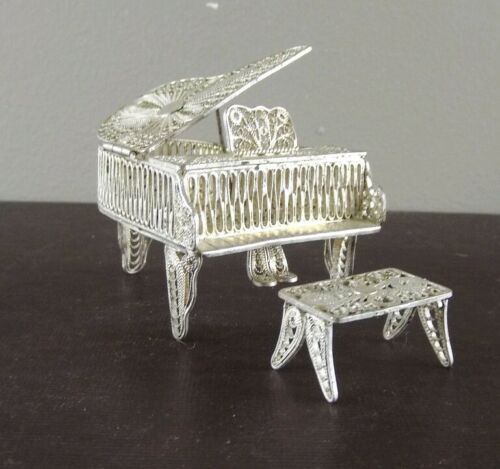 Vintage Miniature Silver Filigree Grand Piano and Stool Dollhouse