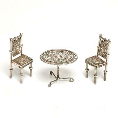 SILVER FILIGREE VICTORIAN MINIATURE PARLOR TABLE & CHAIRS DOLLHOUSE FURNITURE