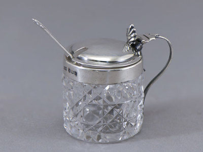 Edwardian Mustard Pot Sterling Silver Cane Cut Glass Mason Art Nouveau Spoon