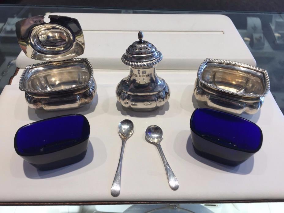 Vintage Sterling Silver Mustard Pots with Cobalt Glass - S. Blanckensee & Son