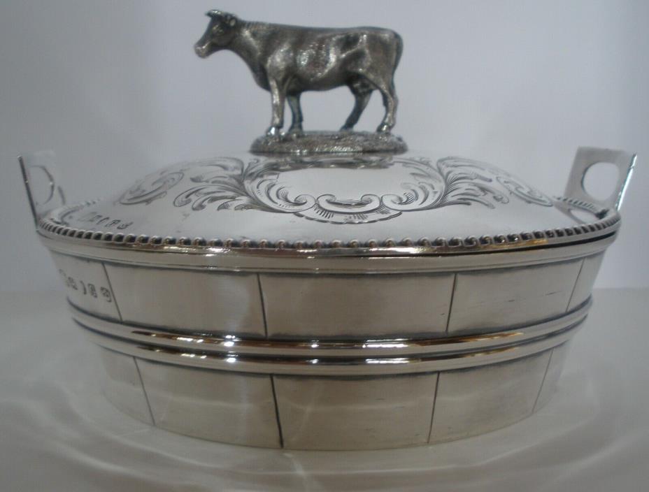 FIGURAL BARREL & COW ENGLISH STERLING BUTTER DISH HAWKSWORTH, EYRE & CO 1850