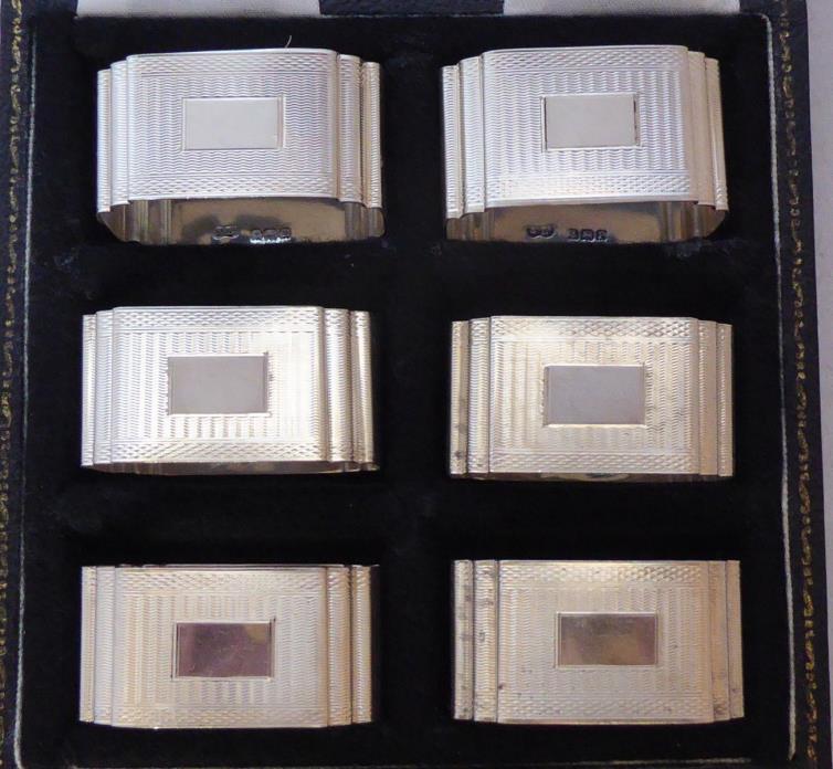 Boxed Set 6 Art Deco 1939 Hallmarked Solid Silver Napkin Rings Serviette Ring