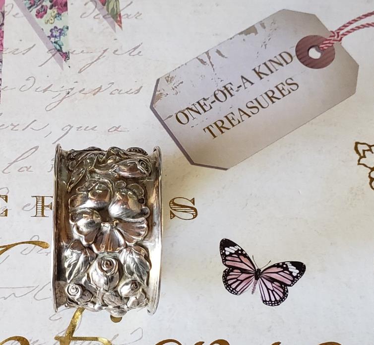 ANTIQUE NOUVEAU ORCHID ROSE HIGH RELIEF REPOUSSE STERLING NAPKIN RING NO MONO