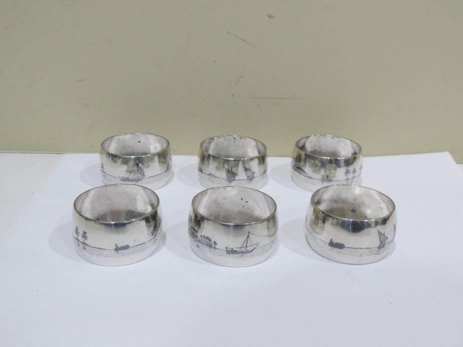 Lot of 6 Antique Vintage IRAQUI NIELLO STERLING SILVER NAPKIN RINGS