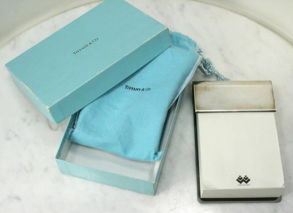 Vintage TIFFANY & CO. 925 Sterling Silver & Leather Note Pad Holder. Box & Pouch