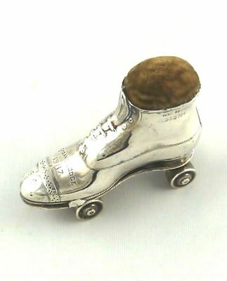 ANTIQUE STERLING SILVER NOVELTY PIN CUSHION ENGLISH ROLLER BOOT OR SKATE 1909