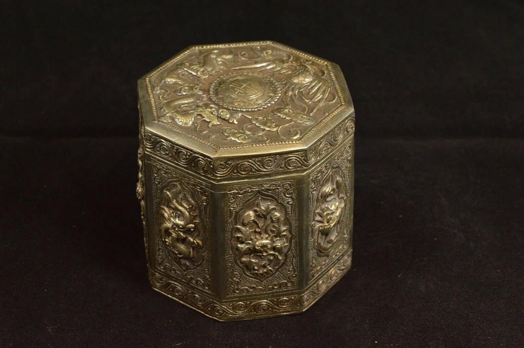 Sterling Silver Ornate Chinese Motif Hinged Tea Caddy Fine Silver *76