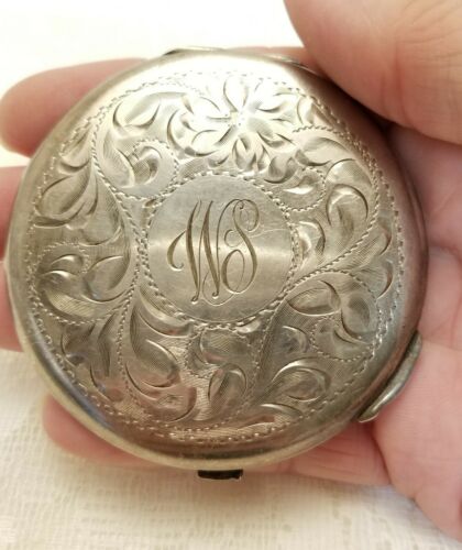 Beautiful Birks Sterling Silver Compact Etched Monogrammed WS Powder Mirror