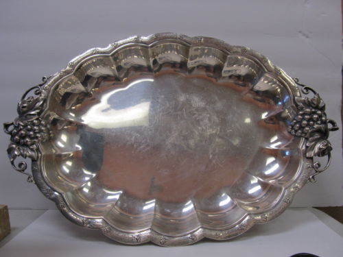 GRAPES HAND CHASED STERLING SILVER FINE VINTAGE SERVING TRAY 16 1/4” W XLNT COND