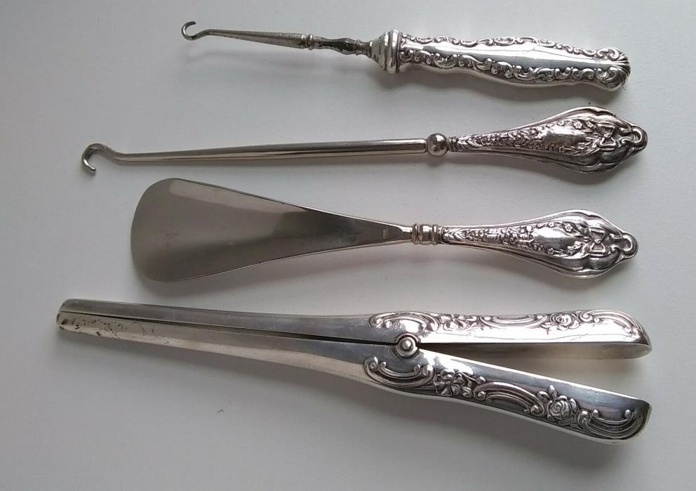 Antique sterling silver shoe horn, 2 button hooks and 1 glove stretcher