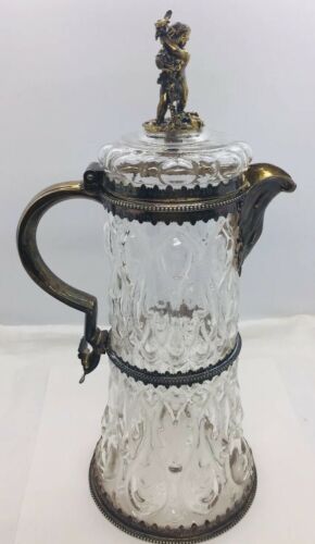 George Fox Antique English Victorian Sterling Silver & Glass Carafe Pitcher Jug