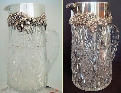 Antique Pitcher Jug Cut Glass Sterling Silver Bailey Banks Biddle Acorn Oak(5026