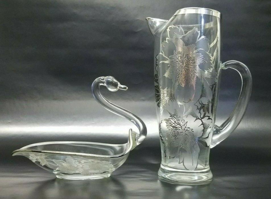 Sterling Silver Overlay Tulip Flower Depression Glass Pitcher & Swan Bowl