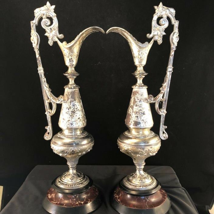 Pair of Decorative Silver Metal Ewers On Marble Bases Vintage Very Heavy