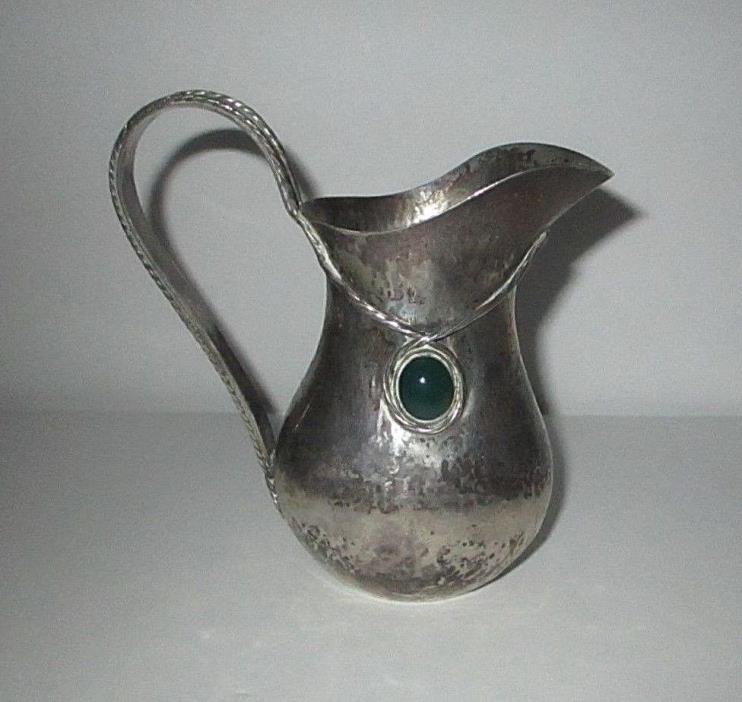 Arts & Crafts Sterling Silver Hammered Creamer Jeweled Pitcher Portuguese Porto