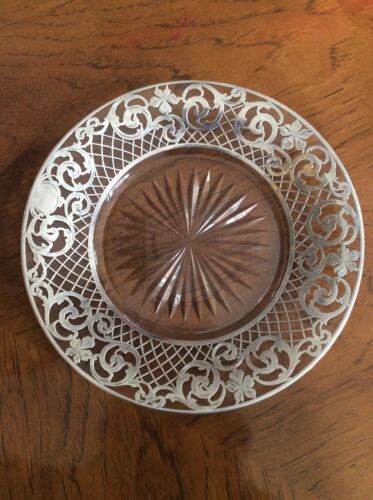 Antique Heavy Sterling Silver Overlaid Cut Crystal Glass 10” Plate Dish