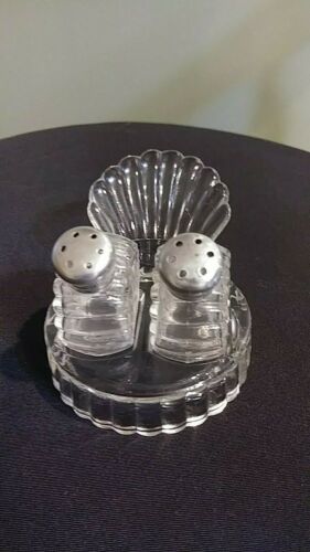 Vintage art deco glass salt pepper sterling silver cap top with glass tray