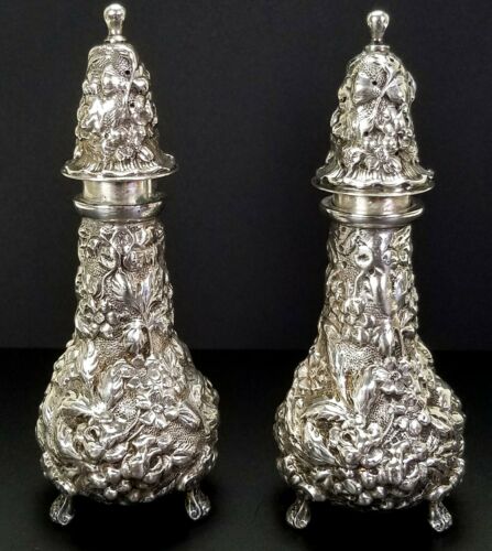 ANTIQUE STIEFF ROSE REPOUSSE AMERICAN STERLING SILVER SALT & PEPPER SHAKERS